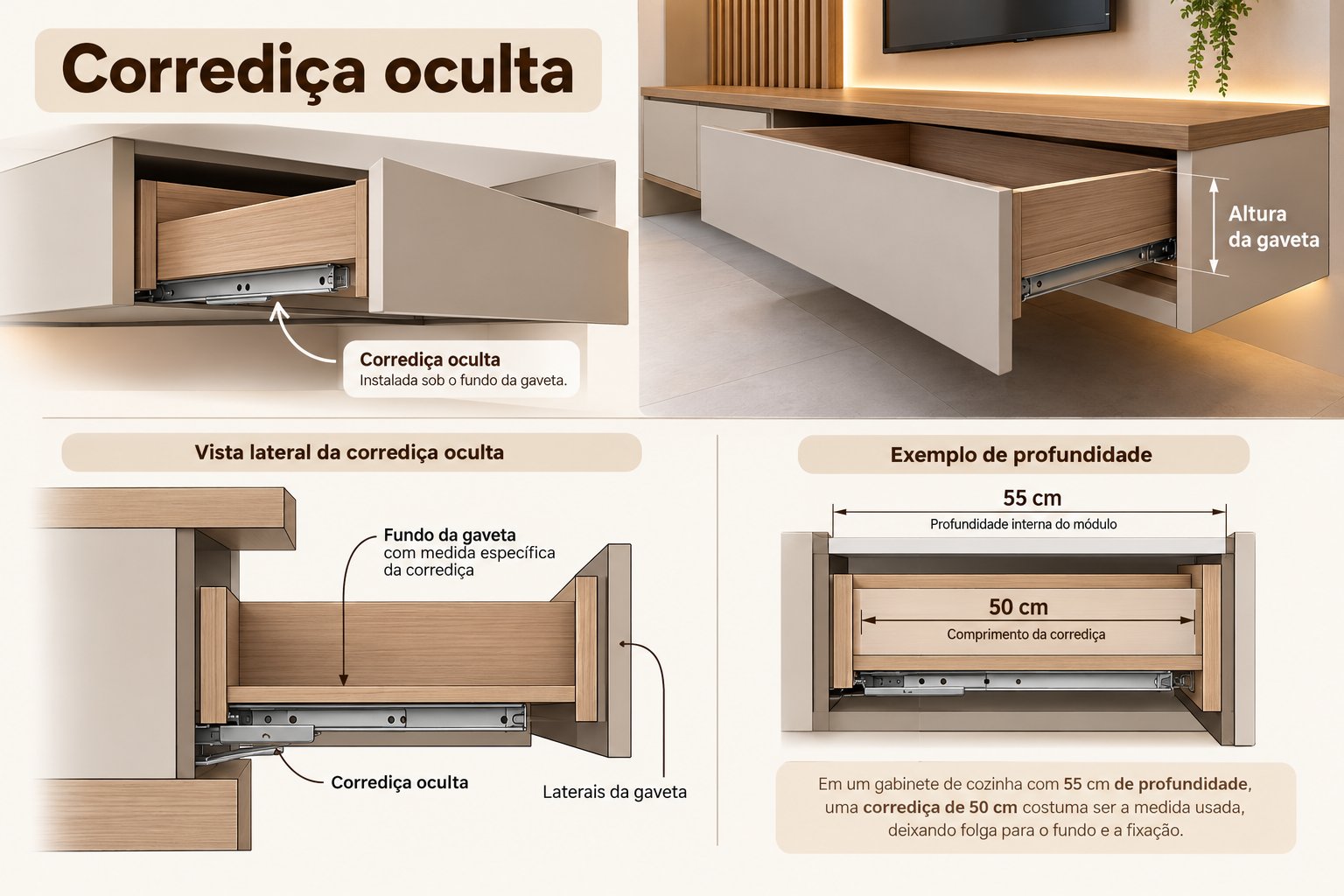 Guia ilustrado da corrediça oculta: instalação sob o fundo da gaveta, vista lateral e exemplo de corrediça de 50 cm em módulo com 55 cm de profundidade