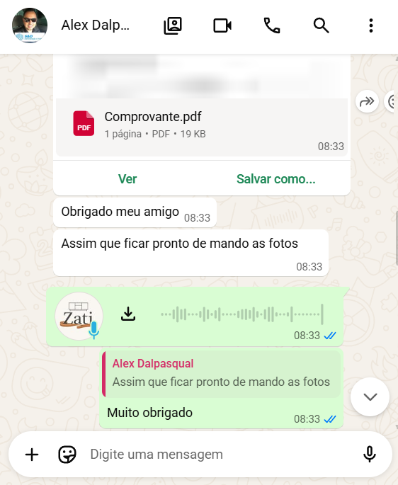 Print de conversa no WhatsApp com cliente Alex Dalpasqual agradecendo pelo projeto entregue