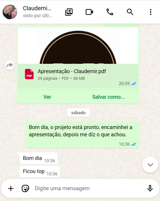 Print de conversa no WhatsApp com cliente Claudemir aprovando o projeto executivo