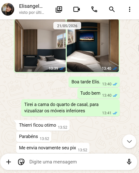 Print de conversa no WhatsApp com cliente elogiando o resultado do quarto de casal planejado