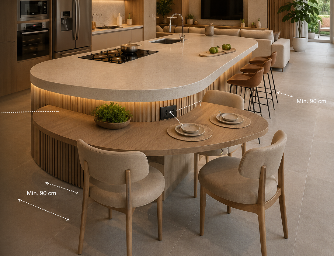 Ilha de cozinha planejada multifuncional com cooktop, pia, mesa integrada e indicação de circulação mínima de 90 cm