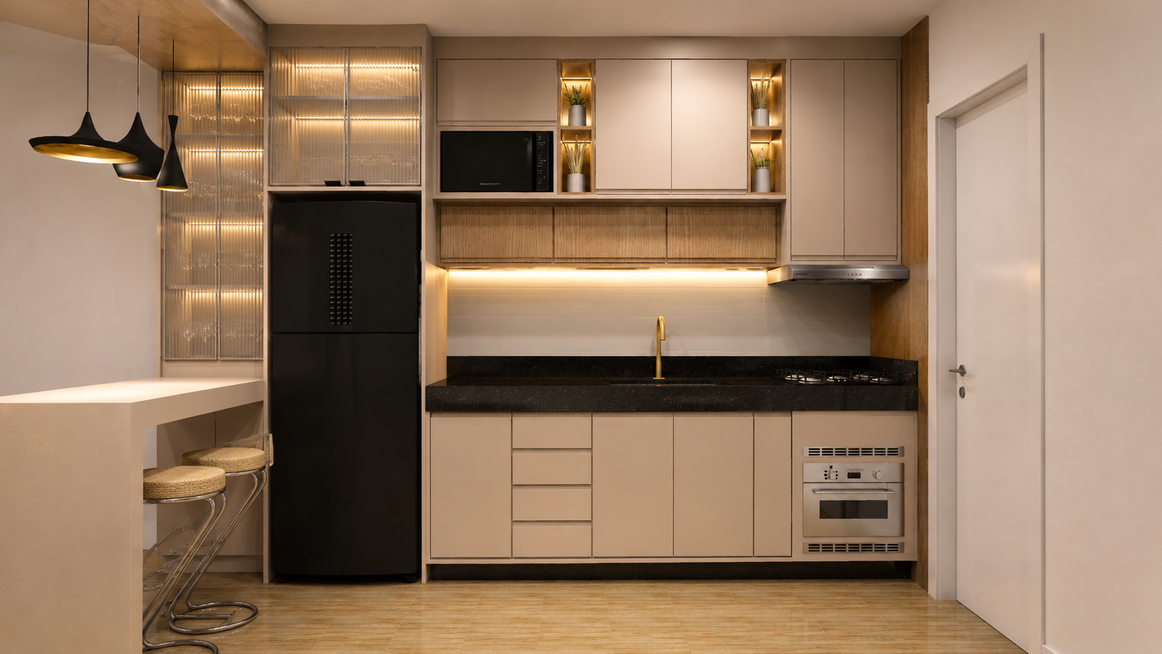 Render 3D de cozinha planejada com iluminação em camadas: LED sob armários, nichos iluminados e adega de vidro retroiluminada