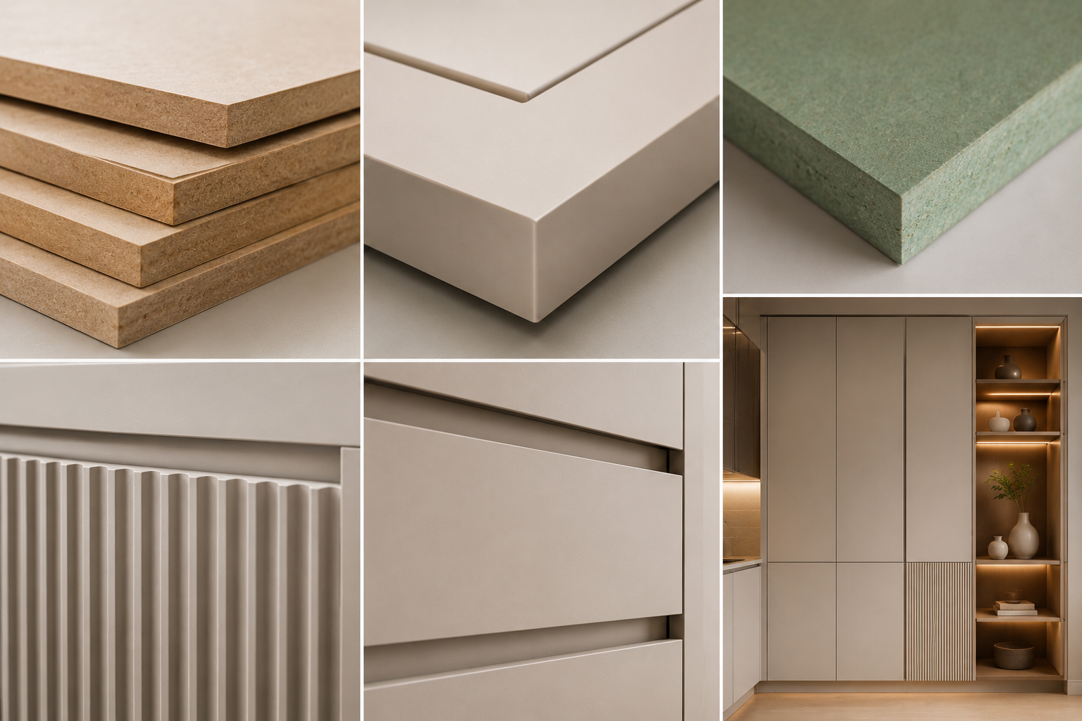 Detalhes de painéis de MDF: chapas empilhadas, cantos usinados, MDF hidrófugo verde, ripado e frente de gaveta com acabamento fosco