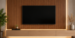Painel de TV planejado com ripado de madeira, resultado de um projeto executivo bem detalhado